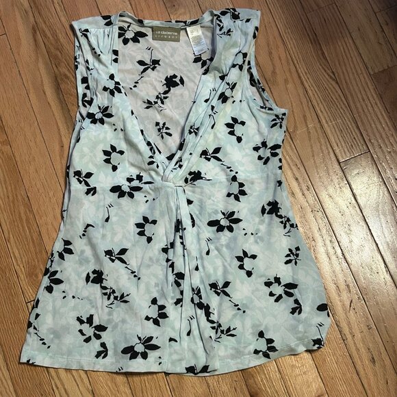 Liz Claiborne Womens Sleeveless Top Sz L White Floral Faux‎ Wrap Blouse Blue - Picture 1 of 1